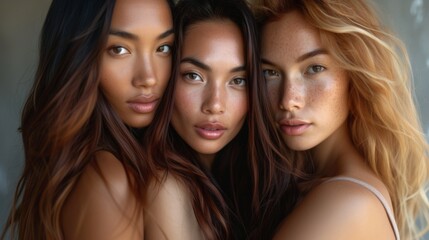 Obraz premium Close-up portrait of three young women with radiant skin and diverse beauty. They have long, flowing hair and glowing complexions, showcasing natural, striking features