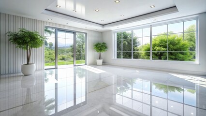 Fototapeta premium Modern Interior Design with Large Windows and Reflective Floor