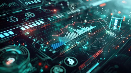 A detailed digital display showing a rising graph of digital currency trends, surrounded by symbols of various cryptocurrencies on a futuristic interface.