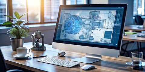 Modern Office Workspace with Computer Showing Engineering Blueprint