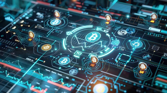 A detailed digital display showing a rising graph of digital currency trends, surrounded by symbols of various cryptocurrencies on a futuristic interface.