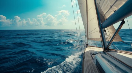 Obraz premium Close-up view from a sailboat with white sails navigating the vibrant blue sea. Clear skies and gentle waves create a serene and tranquil scene
