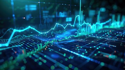A 3D financial graph showing a rising trend with futuristic blue and green digital elements, symbolizing growth and success in business.
