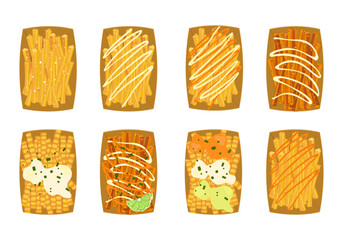 Fast food set ready fast food restaurant menu French fries with sauce set Many flavors in paper cups Top view Isolated objects on white background for designing posters, food menus, and advertising.