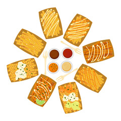 Fast food set ready fast food restaurant menu French fries with sauce set Many flavors in paper cups Top view Isolated objects on white background for designing posters, food menus, and advertising.
