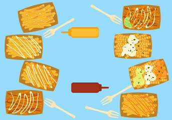 Fast food set ready fast food restaurant menu French fries with sauce set Many flavors in paper cups Top view Isolated objects on blue background for designing posters, food menus, and advertising.