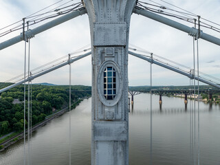 Close-up aerial photo of the Franklin Delano Roosevelt Mid-Hudson Bridge over the Hudson River,...