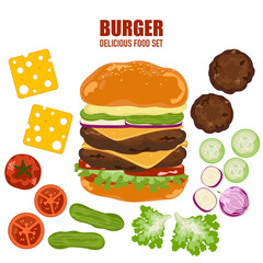 Set of delicious fast food illustrations Hamburger with fried chicken, pickles, lettuce, tomato, bacon, bread. They are isolated on a white background for poster design, food menu, and advertising.