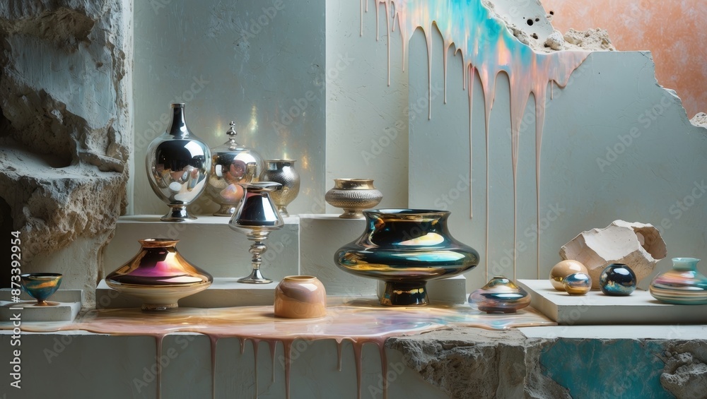 Poster A collection of iridescent ceramic vases and bowls sit on a table covered in dripping paint