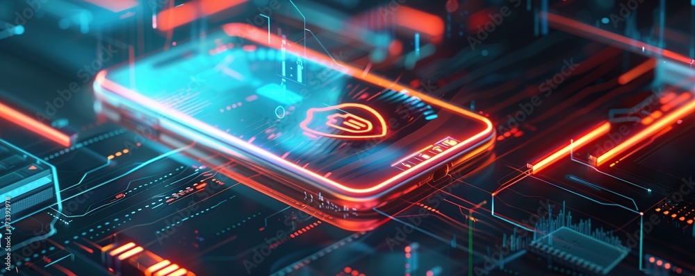 Poster 3D rendering of a digital security system with a smartphone, shield and safe icon on a dark background.