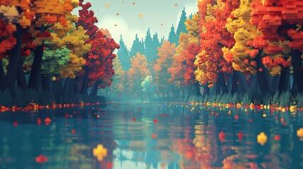   A painting of a serene lake encircled by vibrant fall foliage trees and shimmering water in the foreground