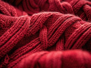 A close up of a red knit sweater with a lot of texture. The sweater is knitted and has a lot of loops and knots. Concept of warmth and comfort