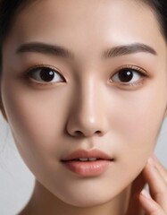 Fototapeta premium Beautiful young Asian woman with healthy facial skin isolated on white background