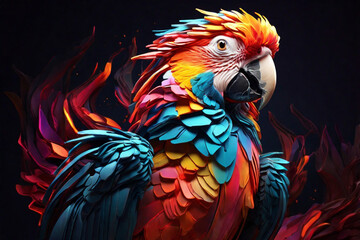 Obraz premium 3D neon waves forming the shape of a Macaw, rising from the ashes in a burst of light, multicolor