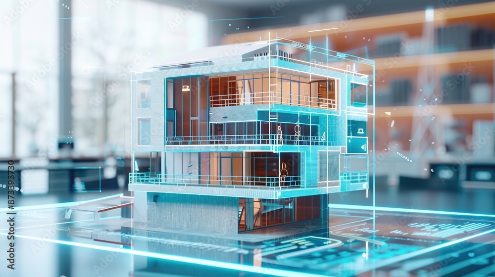 Aufkleber Construction site simulation concept building hologram. Engineer designs building structure on blueprint.