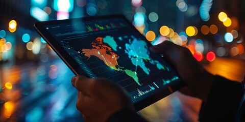 Person Using Tablet With Digital World Map Displayed Against City Lights at Night