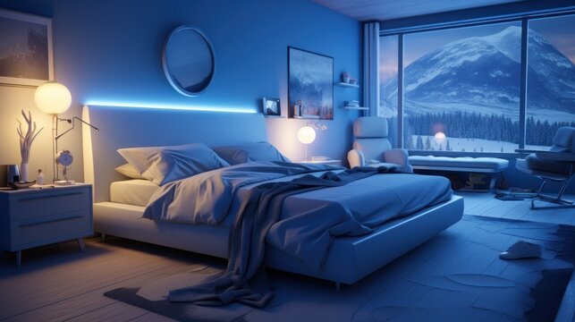 Modern bedroom interior design with blue LED lights, minimalist furniture, and scenic mountain view. Concept of relaxation, comfort, and home decor