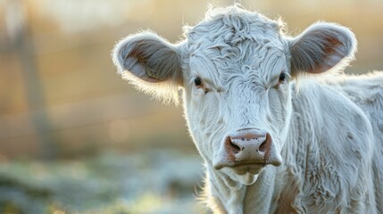 Adorable young calf standing in a sunny pasture beautiful portrait of a fluffy white cow concept