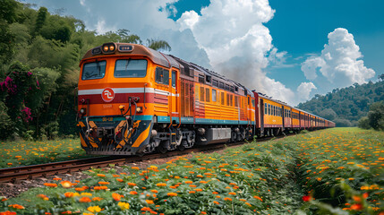 Naklejka premium Economic Pulse: Freight Train Rolling Through the Sunset