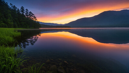 Fototapeta premium Lake near the mountains at sunset