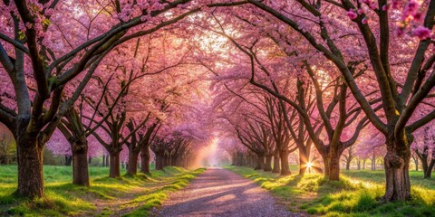Fototapeta premium Sunlight Through Pink Blossom Tree Tunnel