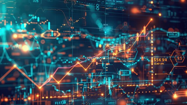 A digital financial dashboard with a graph line moving upward through various technological elements, depicting an optimistic market forecast.