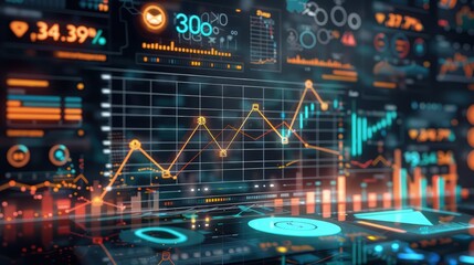 Fototapeta premium A digital financial dashboard with a graph line moving upward through various technological elements, depicting an optimistic market forecast.