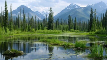 A serene pond nestled amongst towering evergreen trees, with the majestic snow-capped peaks of the Canadian Rockies rising in the background