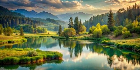 Fototapeta premium Tranquil Mountain Lake Reflection at Sunset