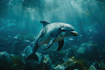 Fototapeta premium Sea dolphin swims in plastic pollution in underwater sea. Environment pollution.