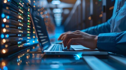 Close up of a person using a laptop in a data center with blue LED lights
