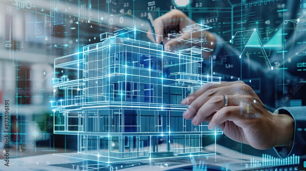 Poster Construction site simulation concept building hologram. Engineer designs building structure on blueprint.