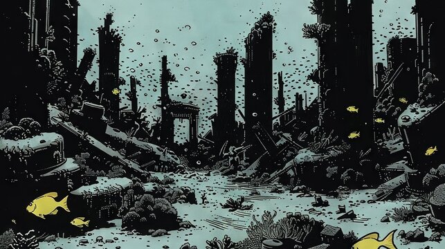  A monochromatic photo of an urban landscape with considerable rubble and numerous yellow fish centered within the frame