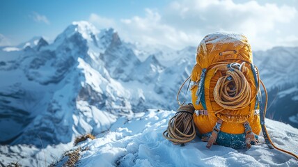 Hiking backpack on snow-covered mountain with blue sky