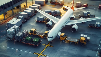 Airborne Efficiency: Aerial View of Cargo Unloading at the Airport