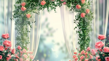 Romantic Floral Archway.  Pink Roses and Flowing White Curtains in a Garden Setting