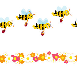 Many cute bees fly with honey over flowers. Vector Seamless pattern. Happy bees and one sad without honey. Smiling cartoon character bee.