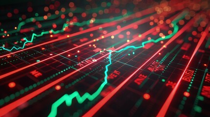A digital trading board with glowing red and green trend lines, highlighting the stark contrast between bullish and bearish market movements.
