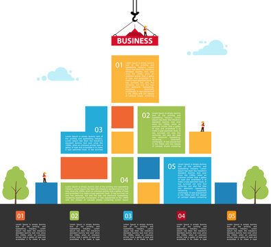 Infographic building business. concept of building success. Crane and building color block. Vector Illustration. template design layout 5 step.