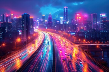 Fototapeta premium Cityscape with Neon Lights and Highway Traffic