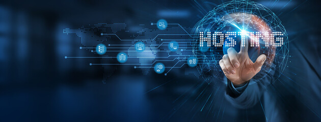 A smart solution to hosting services connects businesses via a virtual network, integrating graphical icons in technology, telecommunications, and cloud computing industries