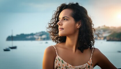 Close-up of a Hispanic woman with curly hair, wearing a summer dress and looking thoughtfull