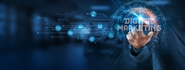 A smart solution to optimize digital marketing. Businessman points at a virtual network connecting service with graphical icons in digital marketing, advertising, e-commerce, industry.