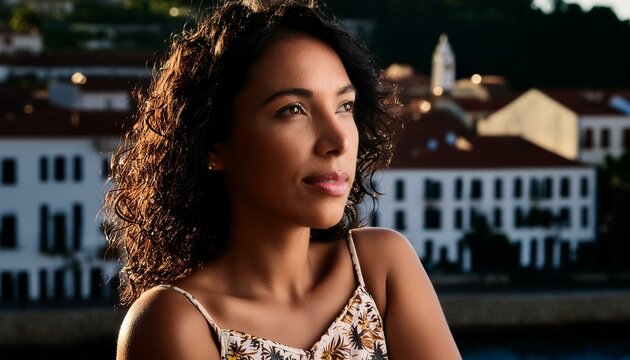 Close-up of a Hispanic woman with curly hair, wearing a summer dress and looking thoughtfull