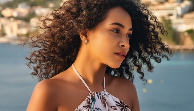 Close-up of a Hispanic woman with curly hair, wearing a summer dress and looking thoughtfull