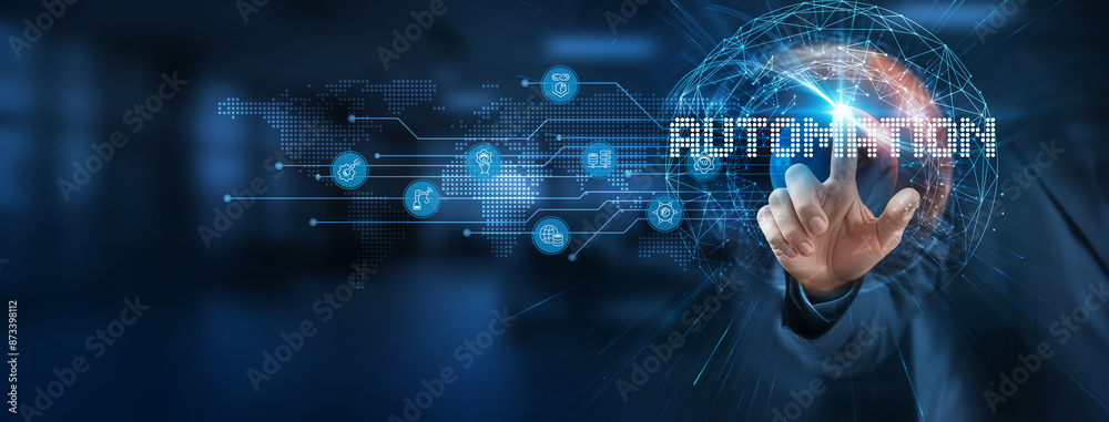 Poster automation provides a smart solution to streamline processes. businessman points at a virtual automa