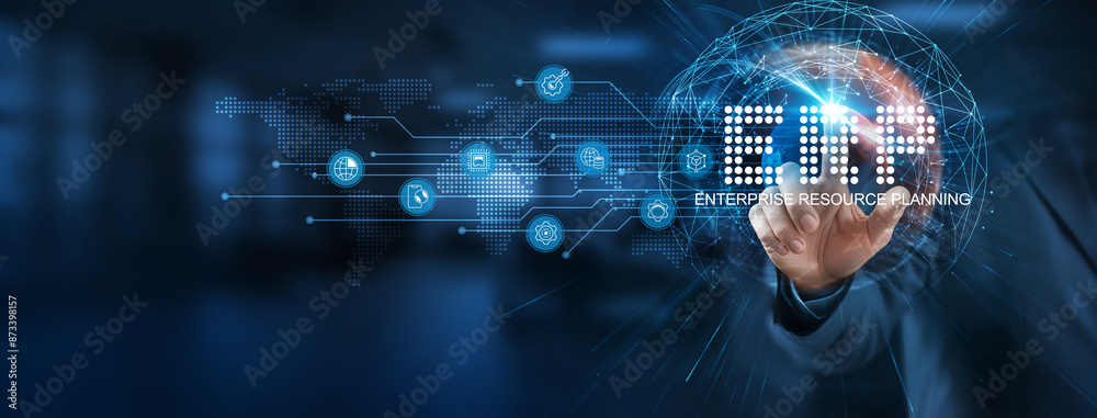 Poster erp is a smart solution to streamline operations. businessman points at virtual erp network connecti