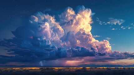 A dramatic storm cloud formation with towering cumulonimbus clouds illuminated by flashes of lightning in the distant horizon.