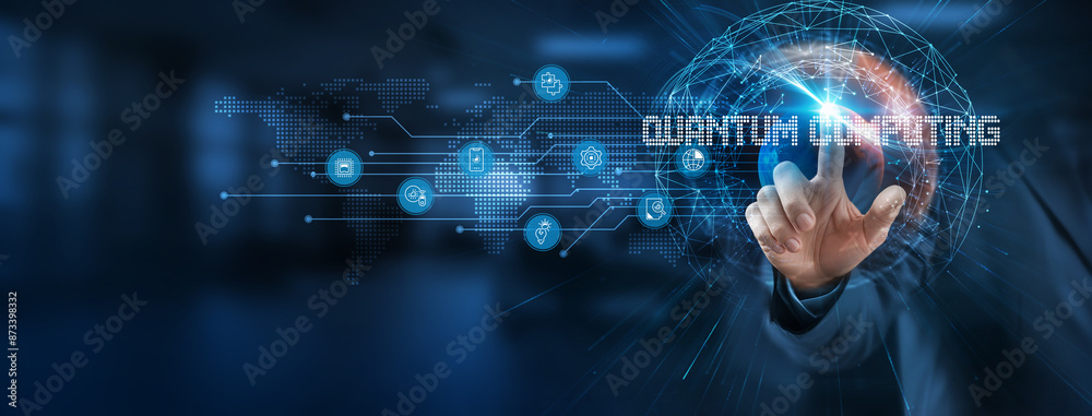 Poster quantum computing is a smart solution to modern problems. businessman points at a virtual quantum ne