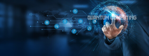 Quantum computing is a smart solution to modern problems. Businessman points at a virtual quantum network connecting service with graphical icons in technology, finance, communications industry.